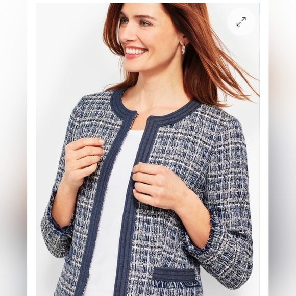 Robert Talbott Petite Women's Tweed Jacket Chambray Trim Blazer Navy Size 12P - Picture 7 of 16
